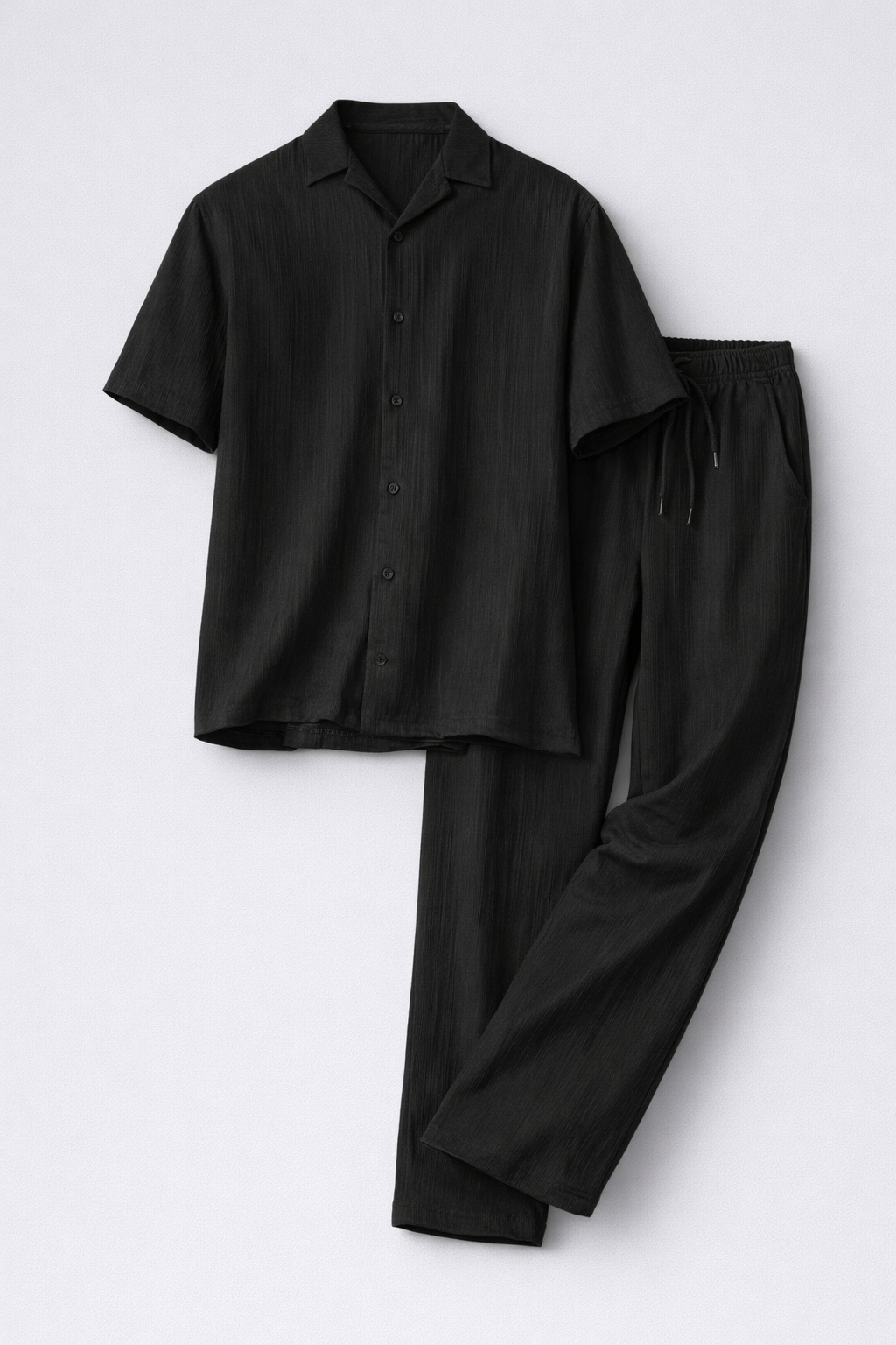 UpperQuest Men’s Pleated Co-Ord Set – Black Colour | Relaxed Fit Shirt & Trouser Set | Premium Summer Casual Wear