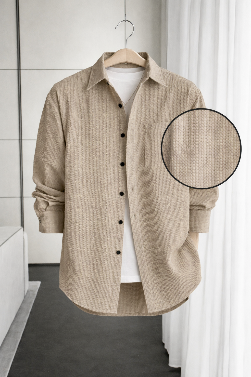 UpperQuest Beige Textured Casual Shirt for Men | Premium Cotton Blend Full Sleeve Shirt👔