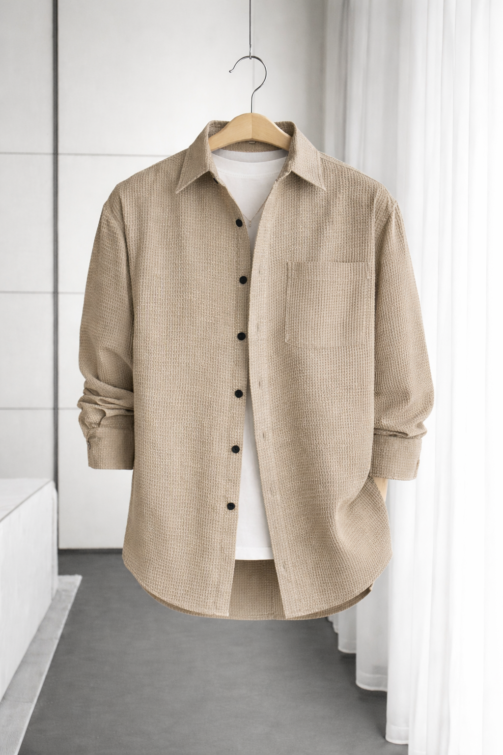 UpperQuest Beige Textured Casual Shirt for Men | Premium Cotton Blend Full Sleeve Shirt👔
