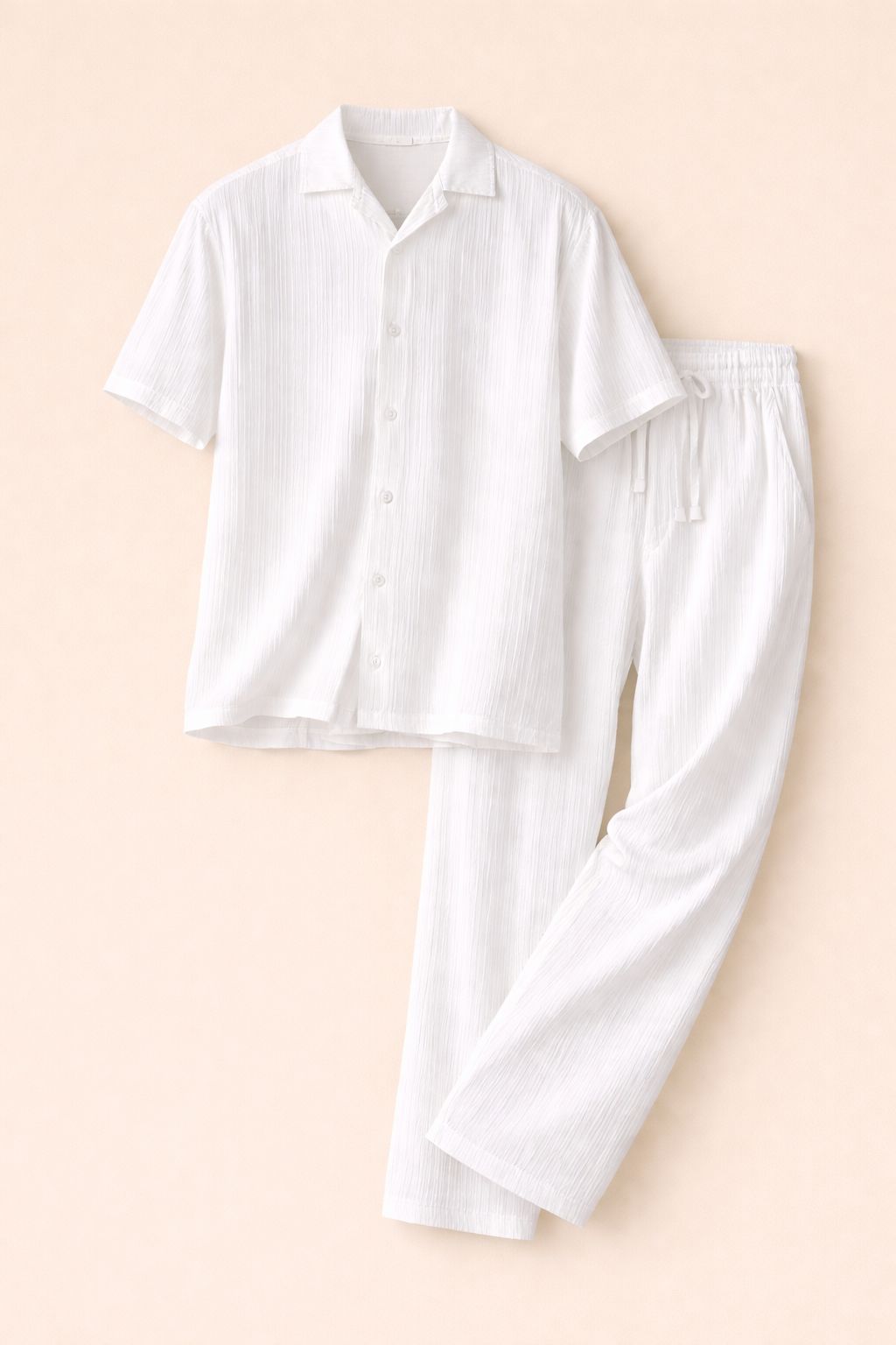 UpperQuest Men’s Pleated Co-Ord Set – White Colour | Relaxed Fit Shirt & Trouser Set | Premium Summer Casual Wear