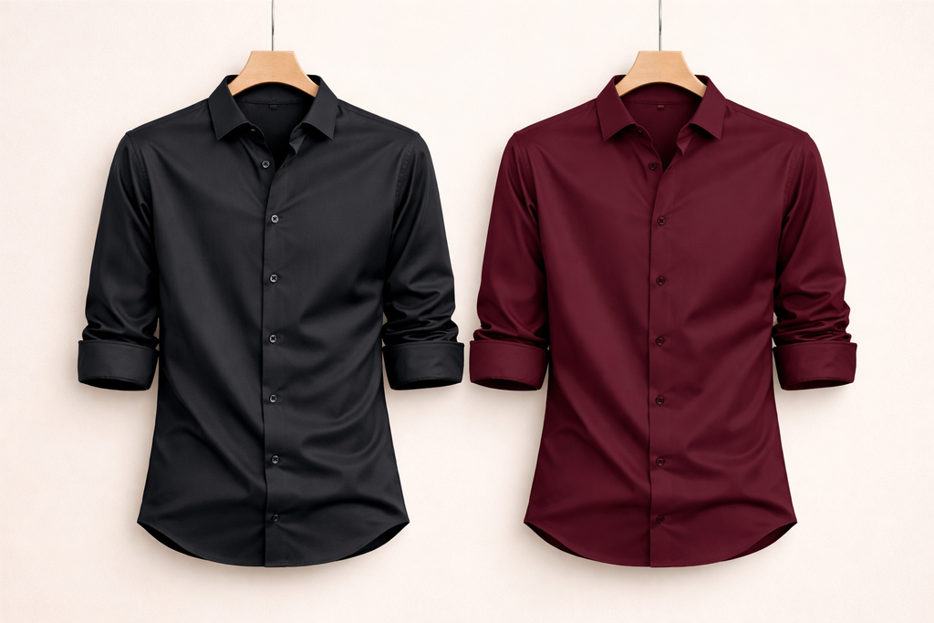 UpperQuest Black & Maroon Satin Formal Shirt Combo for Men | Premium Slim Fit Full Sleeve Stylish Shirts (Pack of 2)