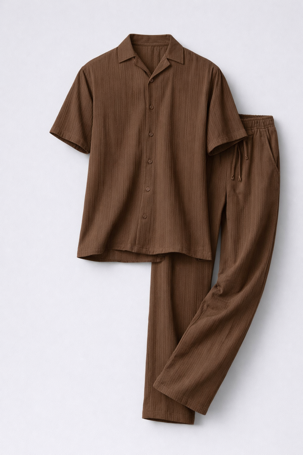 UpperQuest Men’s Pleated Co-Ord Set – Brown Colour | Relaxed Fit Shirt & Trouser Set | Premium Summer Casual Wear