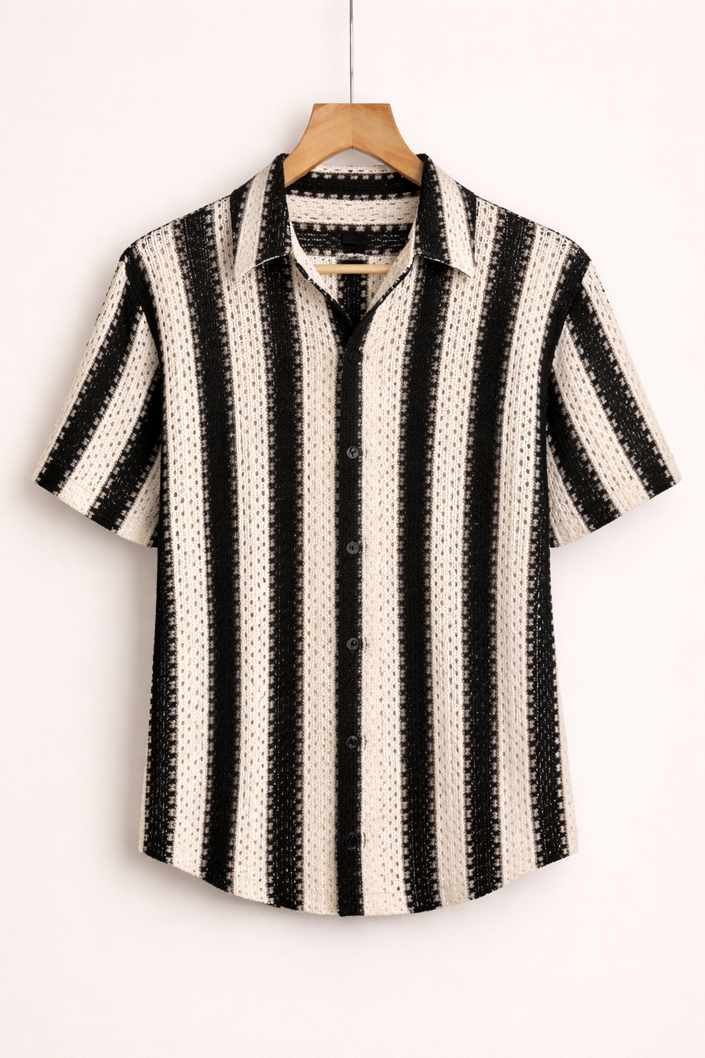 UpperQuest Black & White Knitted Crochet Shirt for Men | Premium Breathable Striped Casual Summer Shirt