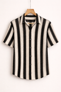 UpperQuest Black & White Knitted Crochet Shirt for Men | Premium Breathable Striped Casual Summer Shirt