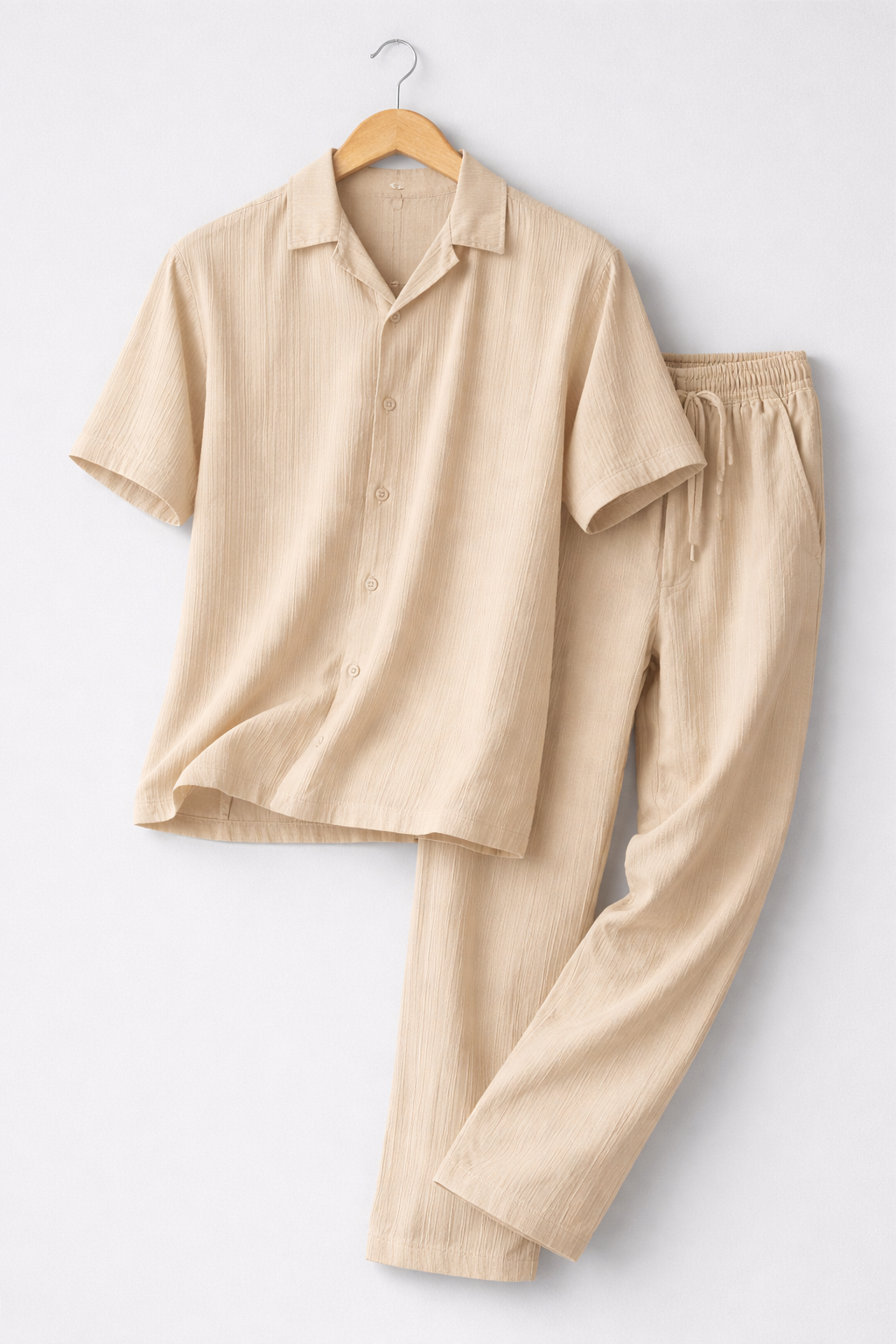 UpperQuest Men’s Pleated Co-Ord Set – Beige Colour | Relaxed Fit Shirt & Trouser Set | Premium Summer Casual Wear