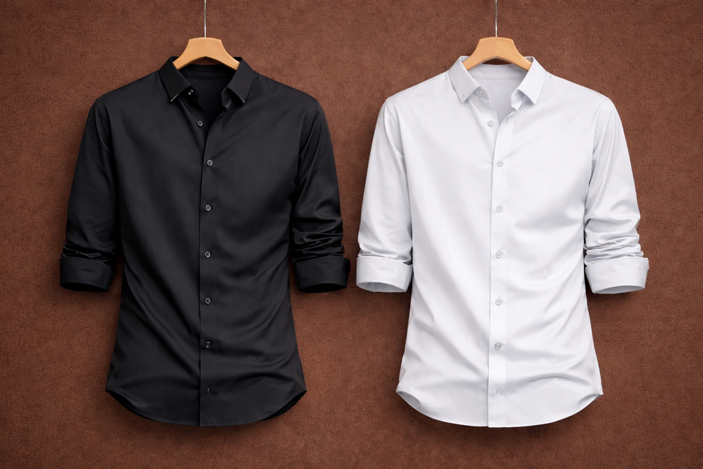 UpperQuest Black & Grey Satin Formal Shirt Combo for Men | Premium Slim Fit Full Sleeve Office Wear Shirts (Pack of 2)