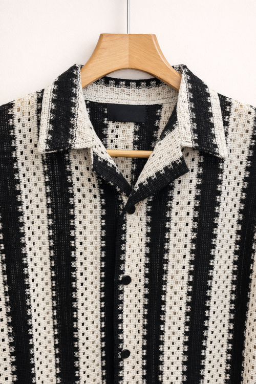 UpperQuest Black & White Knitted Crochet Shirt for Men | Premium Breathable Striped Casual Summer Shirt