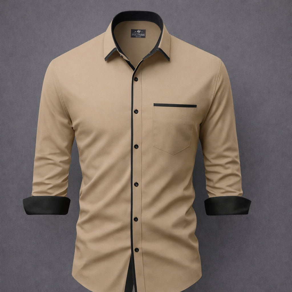 UpperQuest Men’s Premium Contrast Collar Shirt – Beige Colour | Slim Fit Cotton Shirt | Formal & Casual Wear